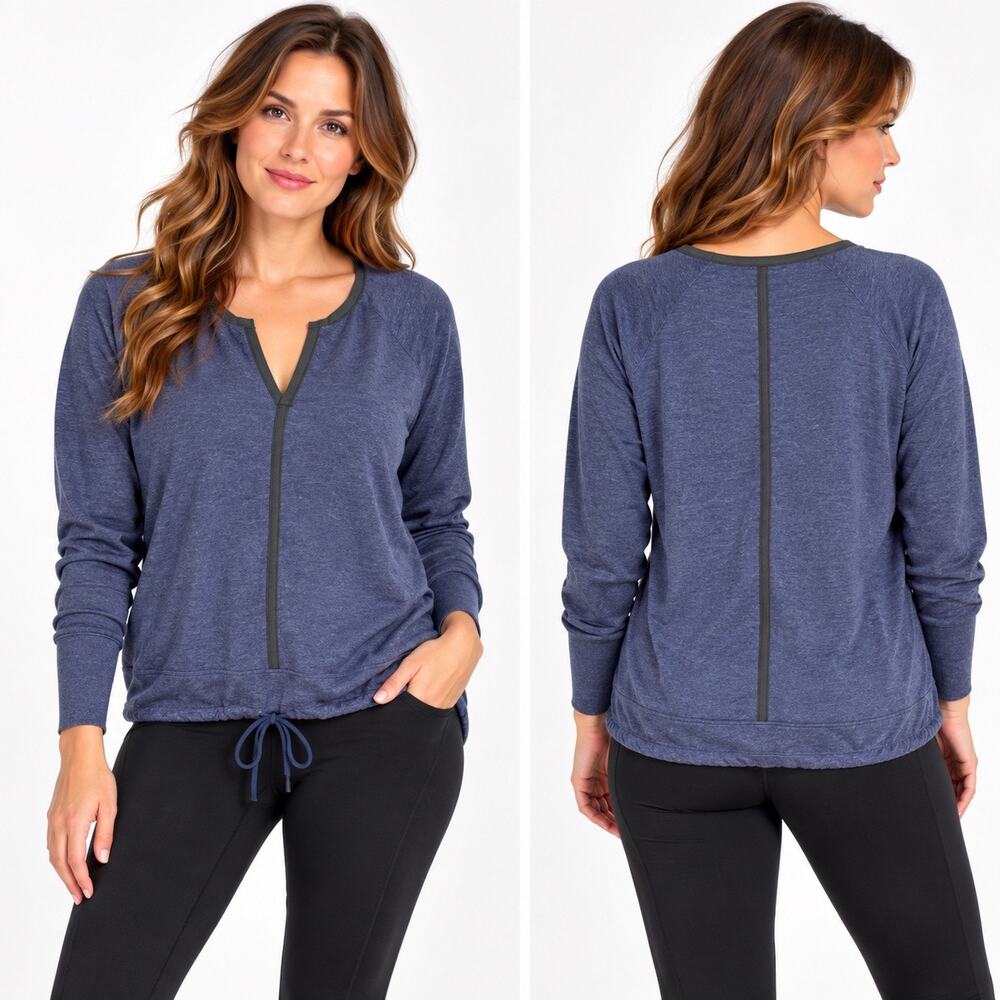 Athleta Womens Medium Blue V Neck Long Sleeve Drawstring Hem Pullover Top